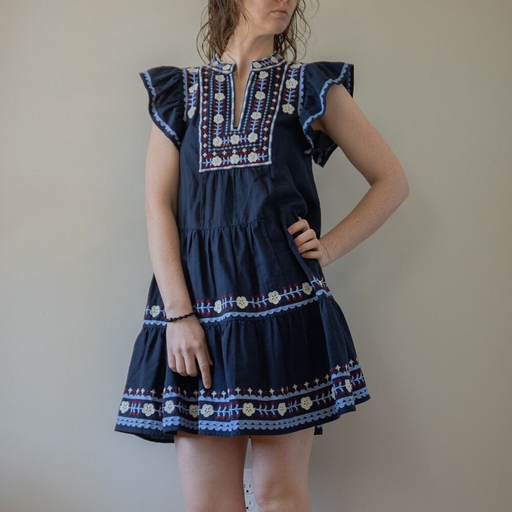 Navy Blue SEA Embroidered Ruffle Summer Shaina Flutter Fourth of July Mini Dress - Picture 9 of 10